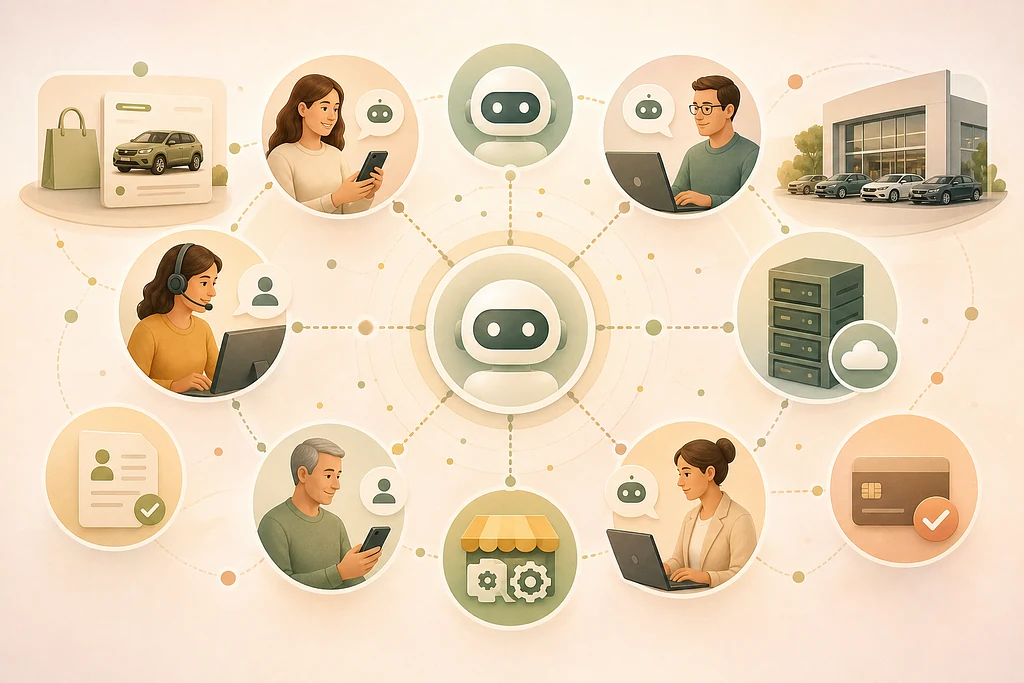 An agent network connecting shoppers, dealerships, people, software systems, and payment services