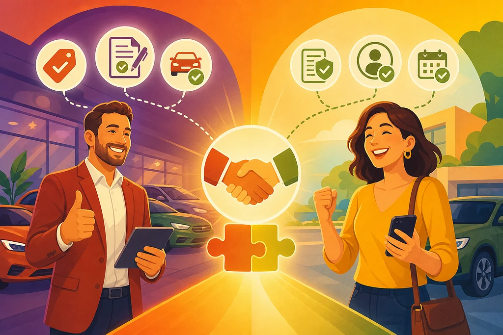 A car buyer and dealership representative connected by transparent pricing, consent, and appointments