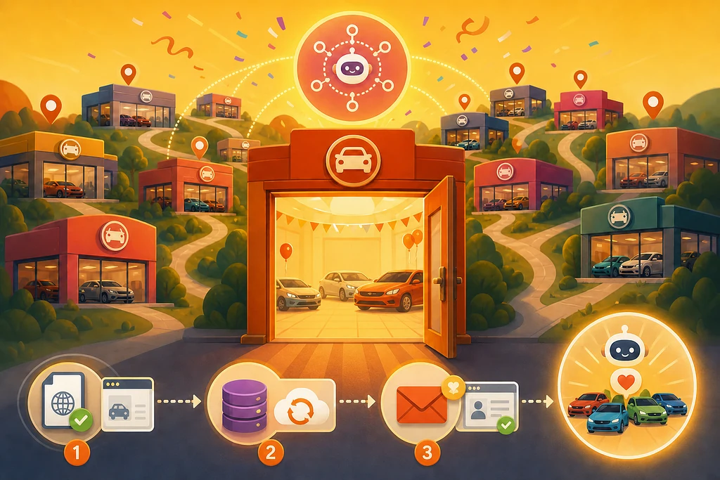 Three steps to connect a dealership: publish the agent card, connect inventory, and deliver leads