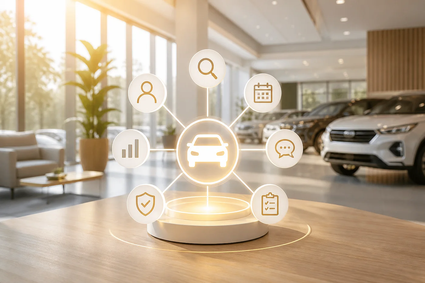 Conceptual illustration of a dealership connected to search, messaging, and appointment requests