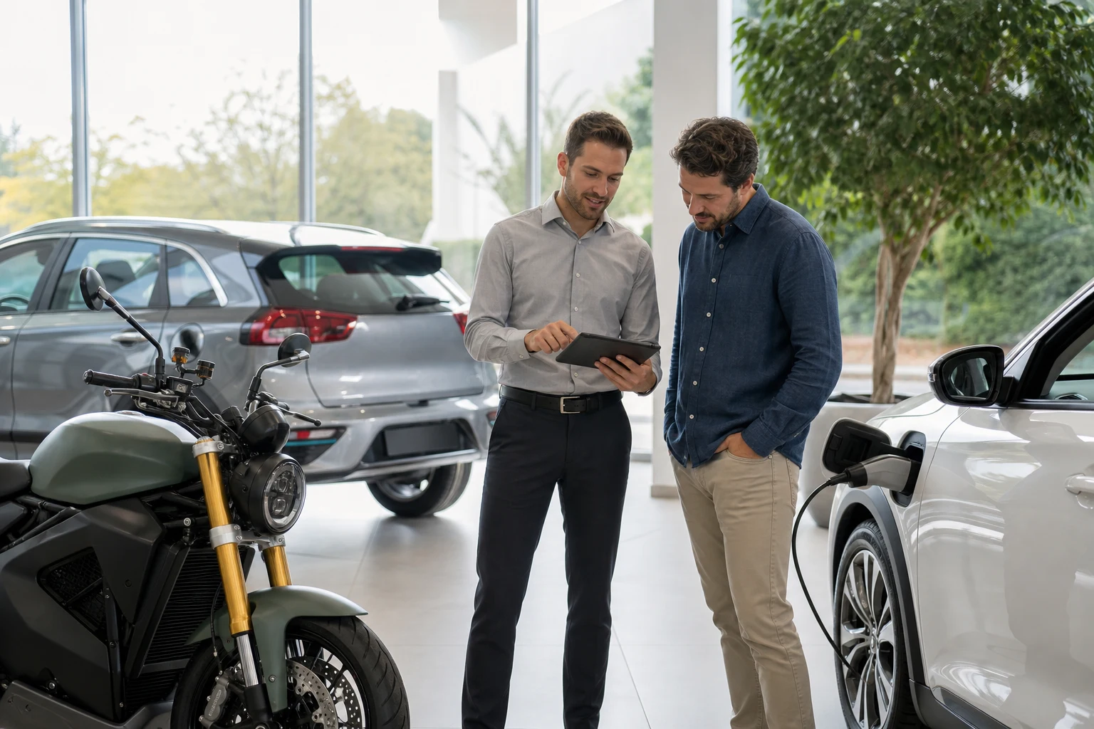 A dealership specialist showing a shopper vehicle information between an electric motorcycle and electric car
