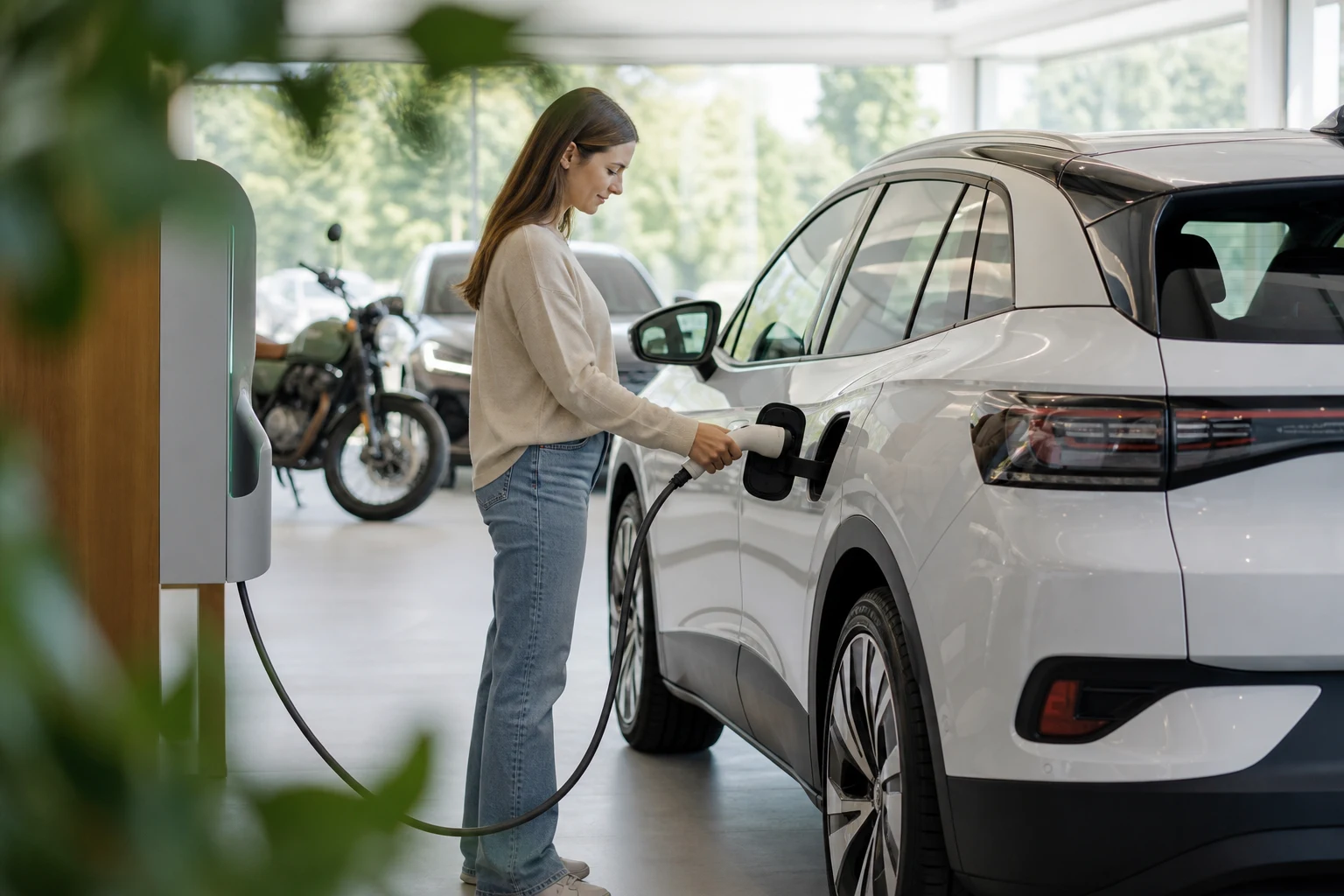 A shopper charging an electric SUV in a showroom with an electric motorcycle nearby