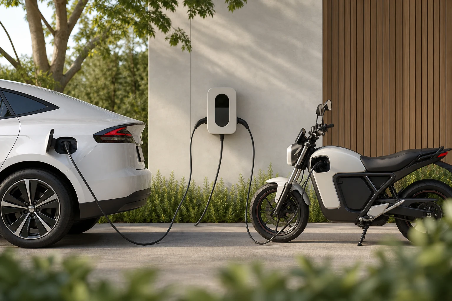 An electric car and electric motorcycle charging side by side at a shared home charging station
