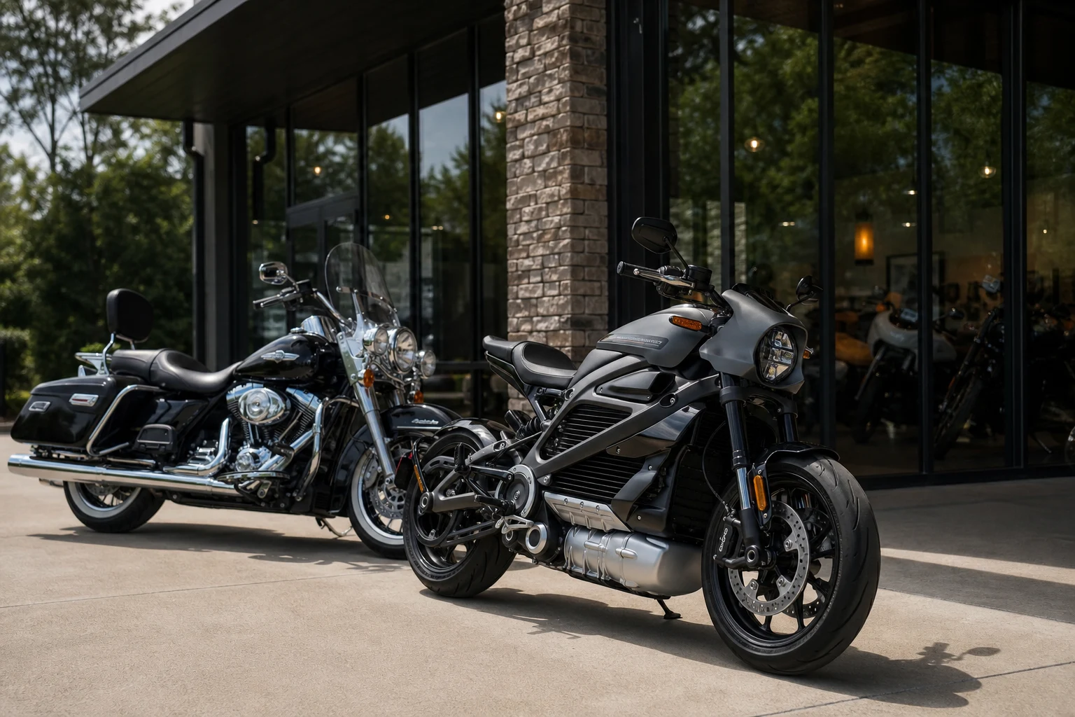 An electric motorcycle and touring motorcycle parked outside a powersports dealership