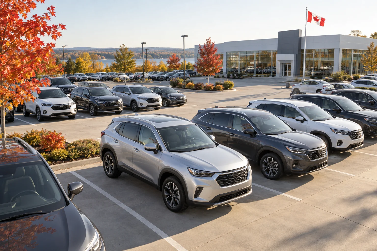 Illustration of a Canadian dealership in autumn, with a silver SUV in the foreground and a Canadian flag beside the showroom