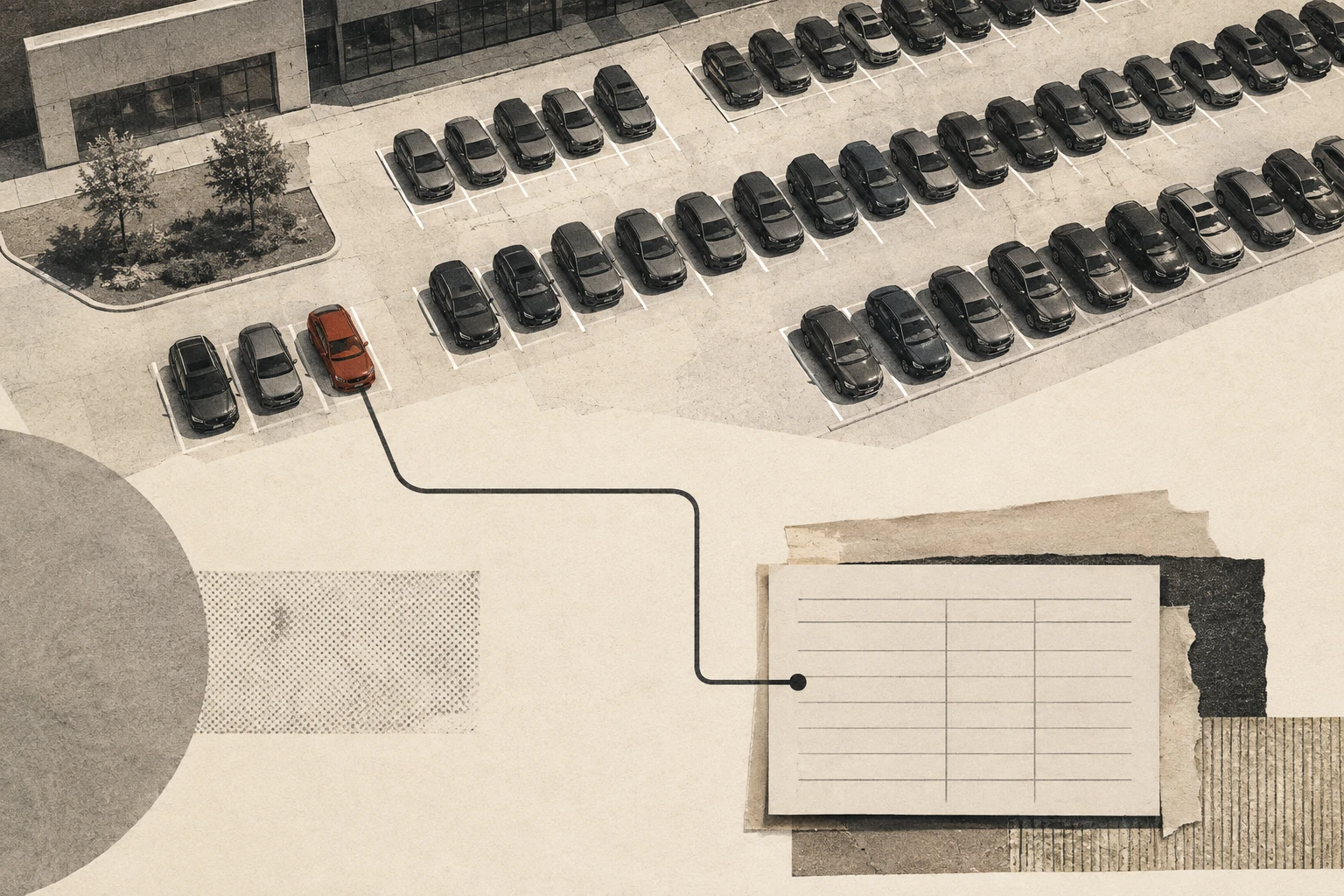 One car in a dealership lot connected to a structured inventory record
