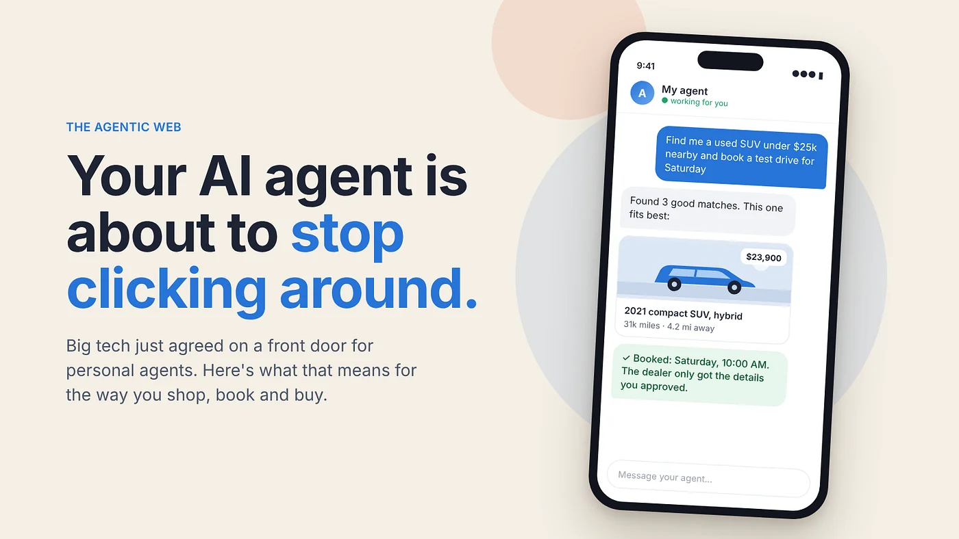 An illustrative personal agent finds a used SUV and shows a fictional test-drive booking