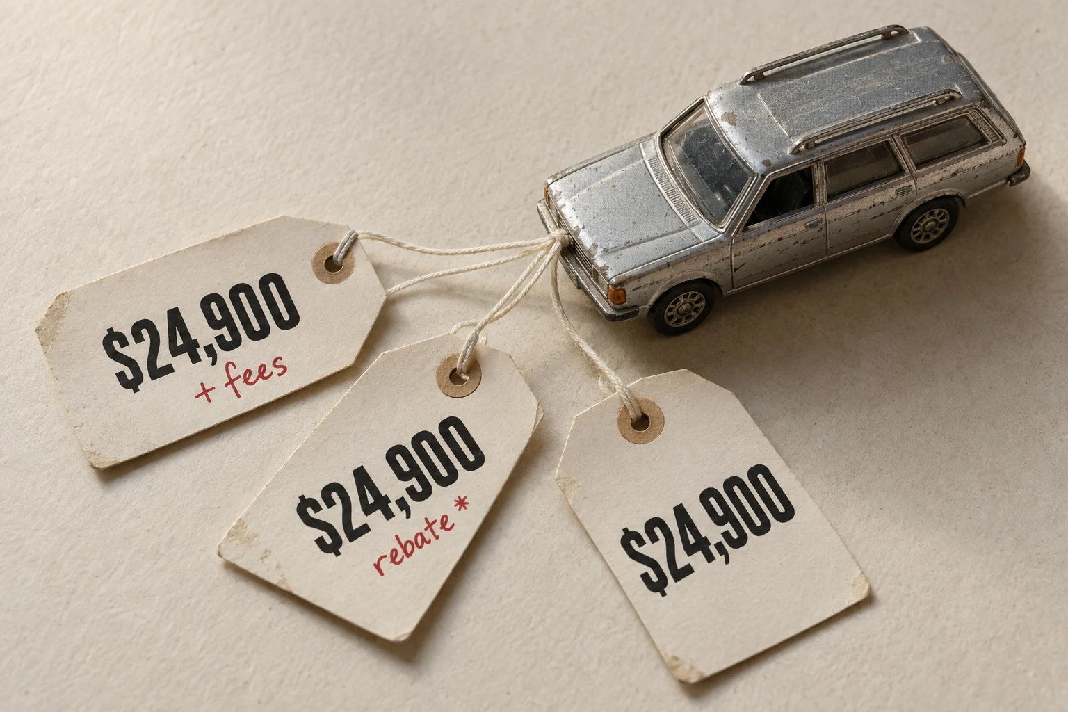 A silver model car tied to three $24,900 price tags with different fee and rebate conditions