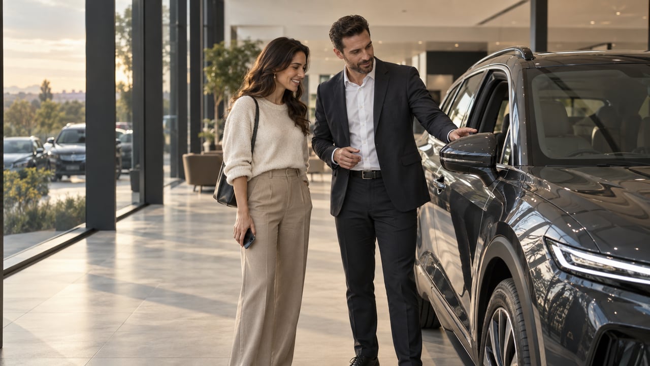 Illustrative showroom scene of a car shopper and dealership representative discussing a vehicle