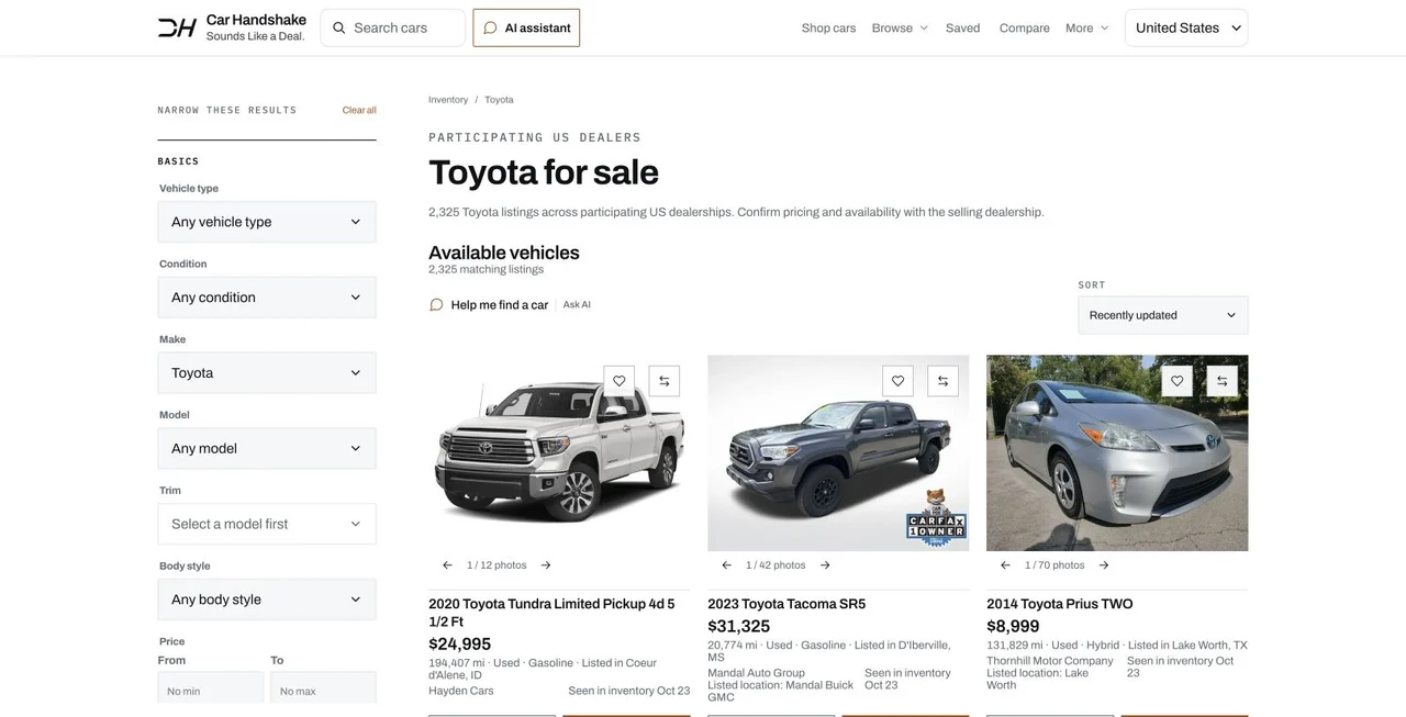 Car Handshake marketplace with vehicle photos, prices, dealership names and search filters.