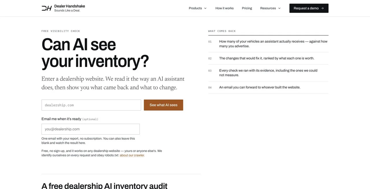 Dealer Handshake’s free scanner: enter a dealership website to check readable inventory and get prioritized findings.